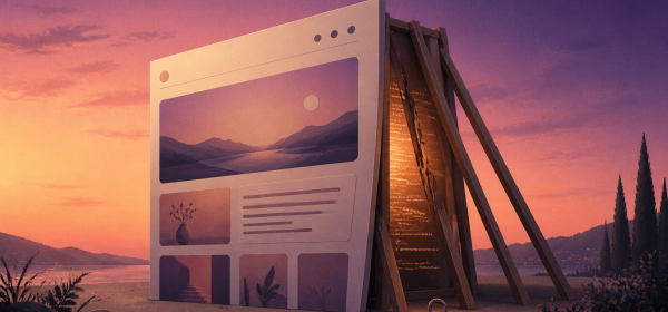 A giant computer webpage structure in a desert at sunset, with a padlock on the ground signaling security or privacy.