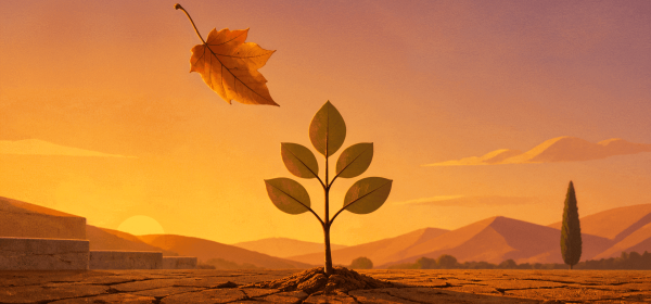 Best time to rebrand — a single autumn leaf falling toward a young sapling whose canopy forms a brand mark, warm late-summer light