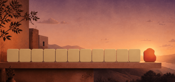 Why every logo looks the same — a shelf of identical pale logo blanks with one glowing terracotta mark standing apart