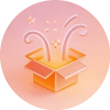 Open orange gift box releasing confetti against a pink circular background, conveying celebration or surprise.